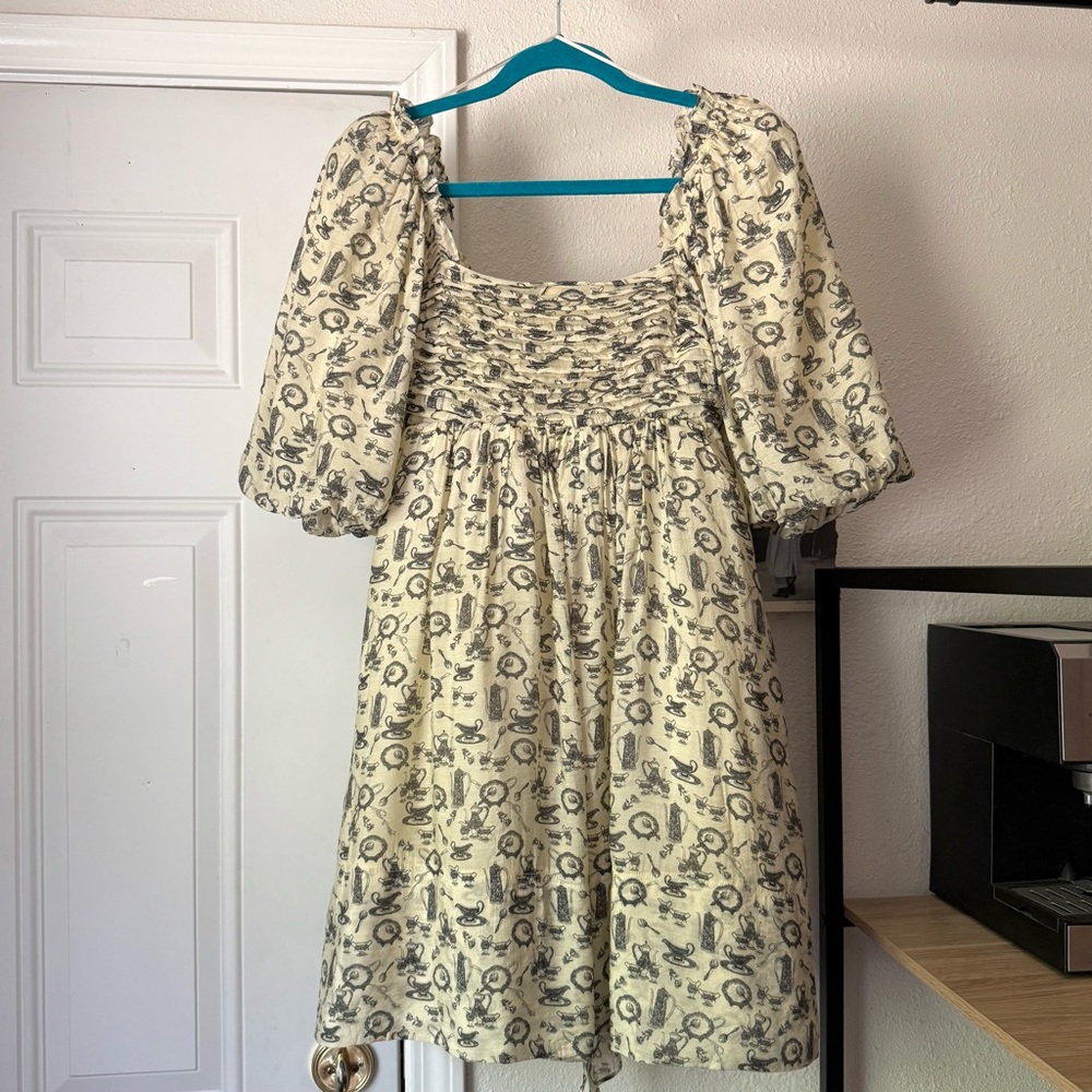 SOFIE THE LABEL cream yellow tea party‎ babydoll puff short sleeve tie back mini